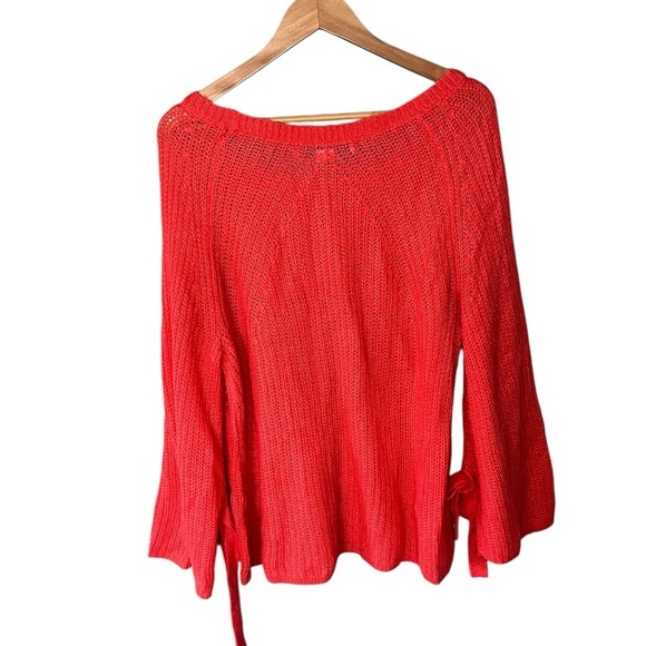 Project x Naadam Open Knit Bell Sleeve Bow Sleeve Sweater - Coral - Picture 4 of 11